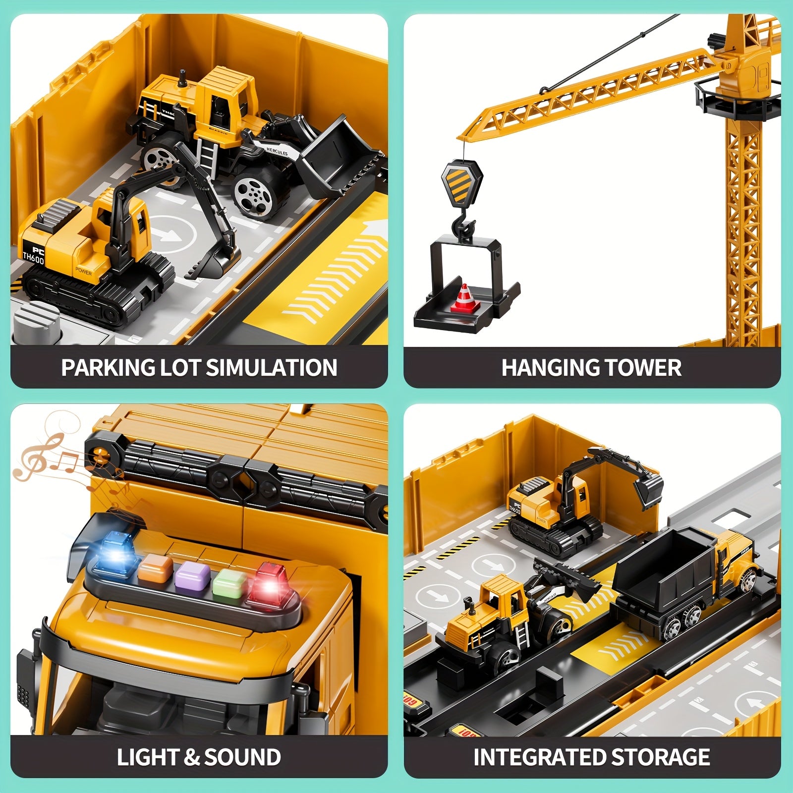 [Ideal Christmas] BABY HOME Multifunctional Construction Vehicle Container Truck Toy Set with Crane and Track Aged 3+, 4 Small Alloy Construction Truck, Foldable Double Racing Track, Realistic Sound & Flashing, Durable Construction Toy Vehicle, Ideal Chri