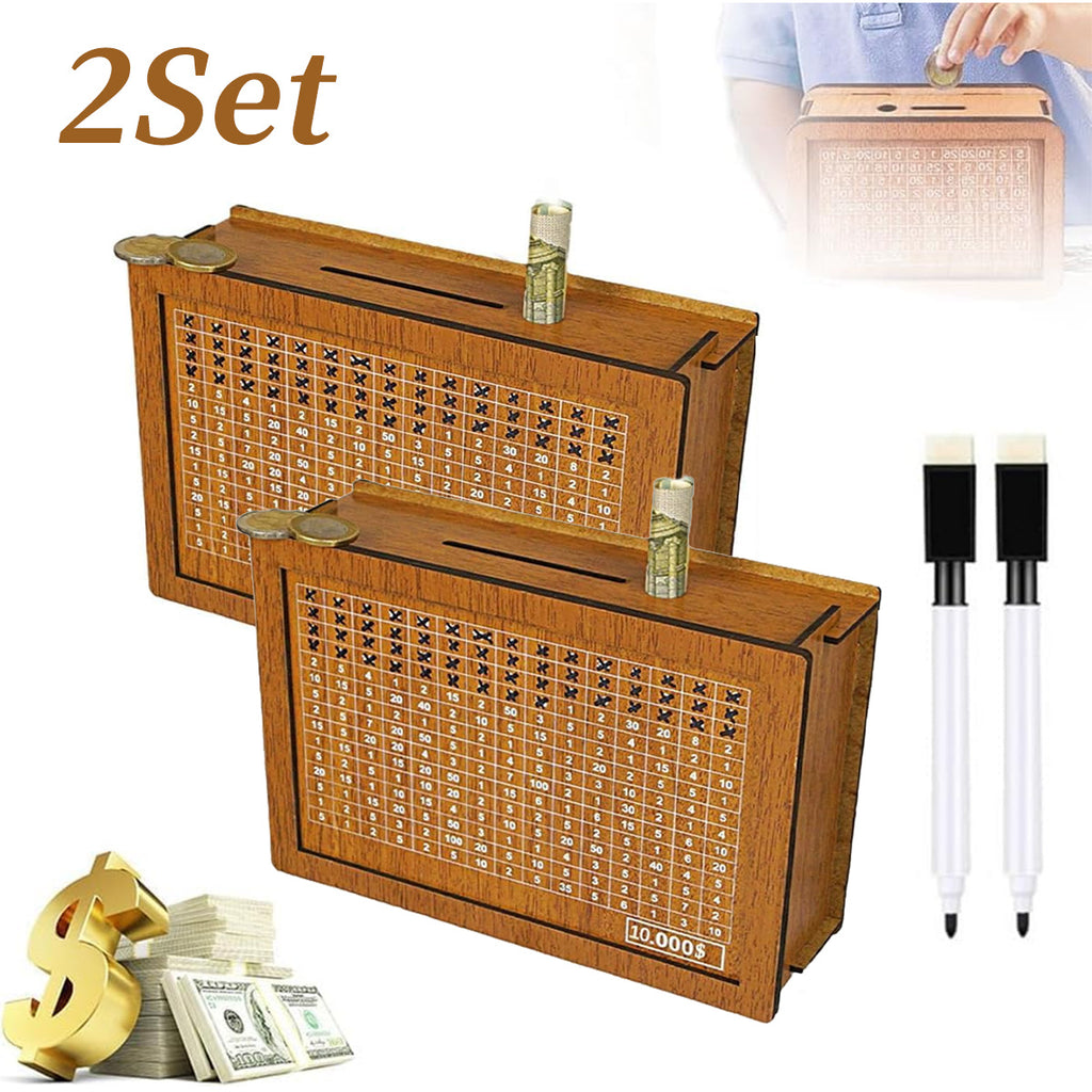 2 Sets - Wooden Savings Bank with Digital Counter, 7.87 X 5.7 Inches - Adult Savings Goal - Holds $10, 000 Coins - Ideal Gift for Friends - High Quality Wooden Savings Bank
