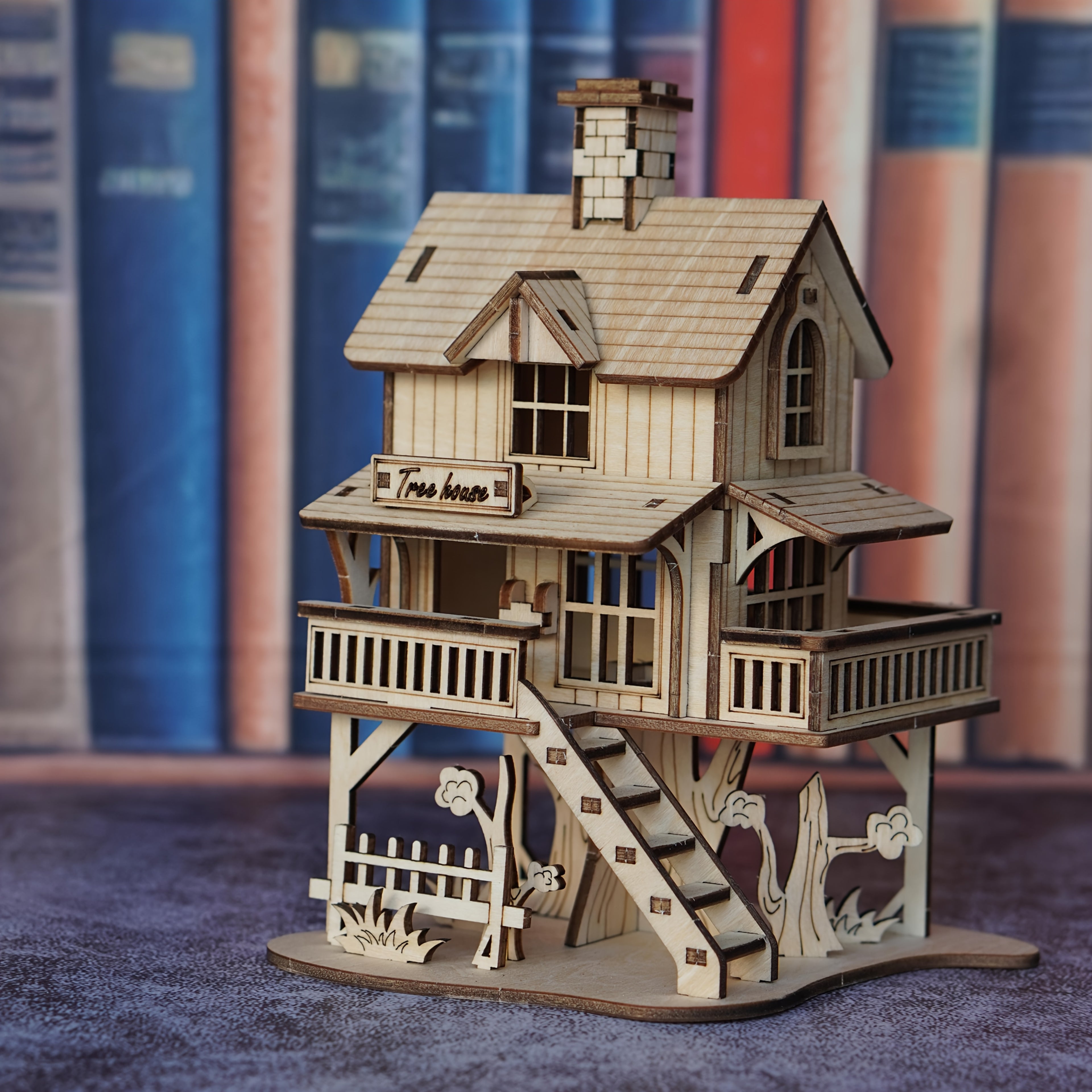 Rustic Wooden Forest Cabin Puzzle Model, 3D DIY Building Kit, Creative Treehouse Architecture Set, Wooden Interlocking Blocks, Yellow - Craft Model for Home Decor