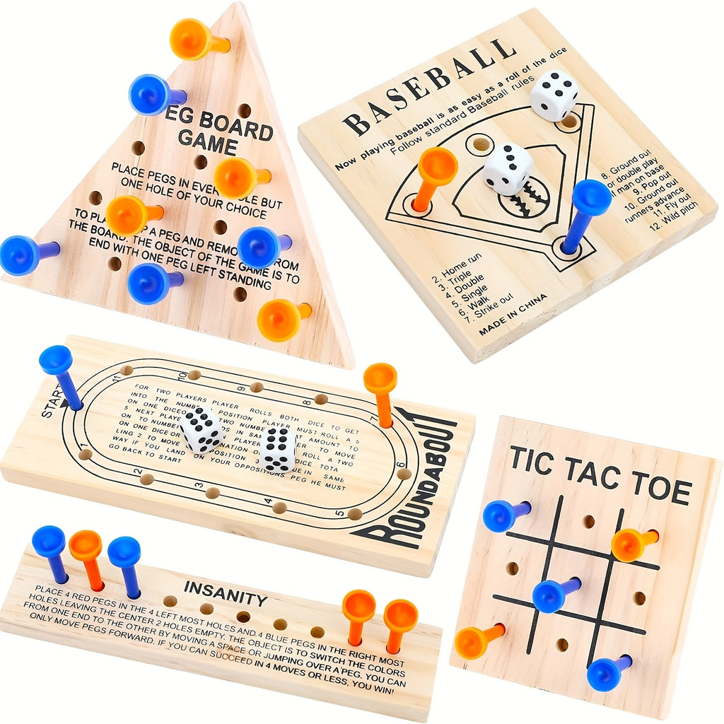1-set/2-set Wooden Board Game, Luban Lock Including 5 Style Wooden Game Board And Plastic Pieces And Dice Puzzle Brain Games Set, Wooden Peg Games Assortment Kit Board Games Clearance