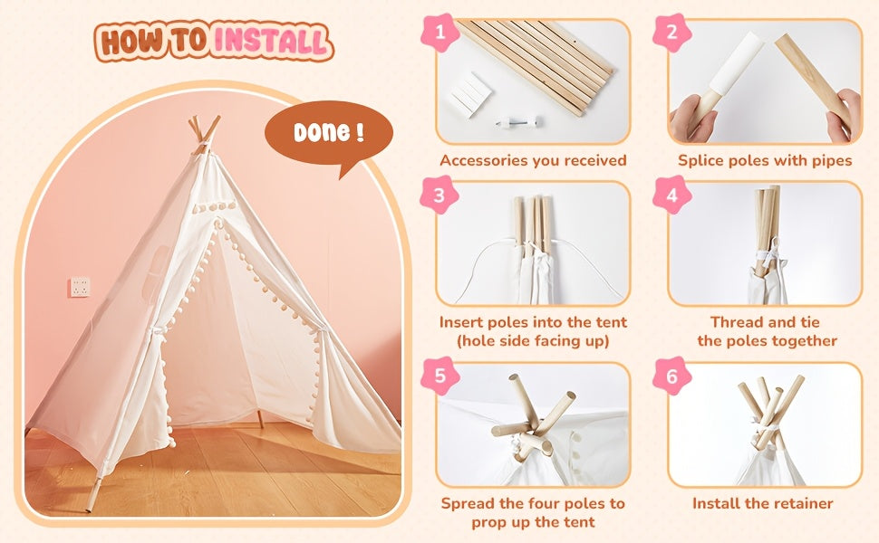 Teepee Tent, Indoor/Outdoor Play Tent Suitable for Nordic Conical Family Princess Small House, Washable Tent for Birthdays And Holidays, Christmas And Halloween (Without Padding)