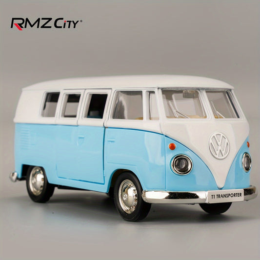 RMZCITY VOLKSWAGEN T1 Bus Diecast Model Car, 1:36 Scale Zinc Alloy Pullback Toy, Blue & White Vintage Design with Realistic Wheels & Detailed Interior, Collectible Gift for Boys & Girls, Display or Play, Toy Cars