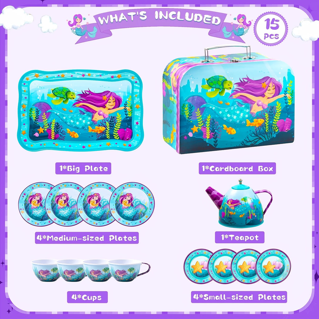 Mermaid Tea Party Set for Little Girls, Pretend Tin Teapot Toy with Cups, Plates Carrying Case, Princess Tea Time Play Kitchen Kit, Perfect Christmas&Birthday Gifts for Kids Age 3+