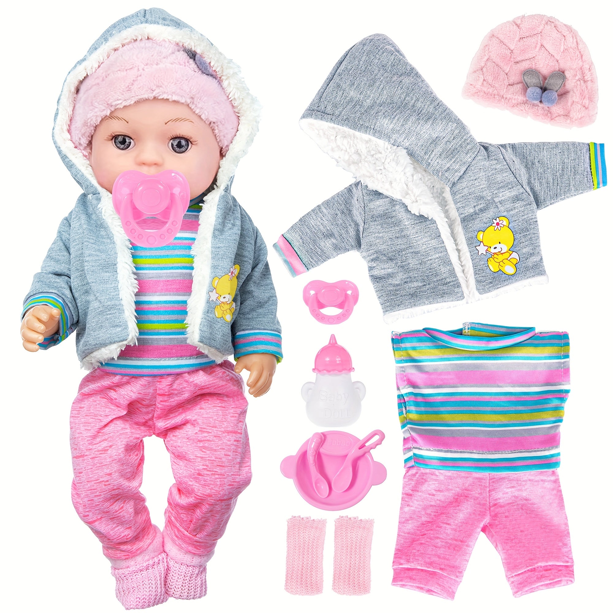 12 Inch Baby Doll with Clothes Accessories Playset: A Doll, Hat, Coat, Romper, Soft Socks, Tableware, Feeding Bottle, Diapers, Nipple for 3+ Years Old Gifts