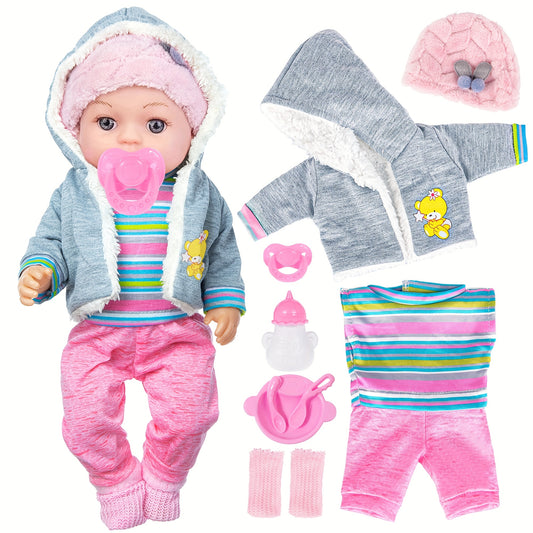 12 Inch Baby Doll with Clothes Accessories Playset: A Doll, Hat, Coat, Romper, Soft Socks, Tableware, Feeding Bottle, Diapers, Nipple for 3+ Years Old Gifts