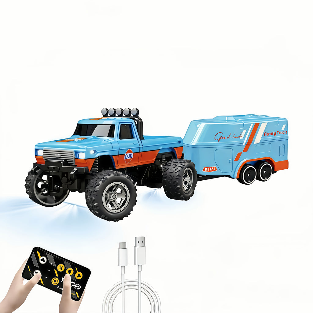Small Die-Cast Remote-Controlled Vehicle, 1/64 Scale Mini RC Off-Road Truck with a Trailer, 2.4Ghz Climbing Vehicle, Rechargeable Die-Cast Mini RC Car with Lights, Adjustable Speed And Steering, Pocket-Sized Toy, Palm-Sized Toy