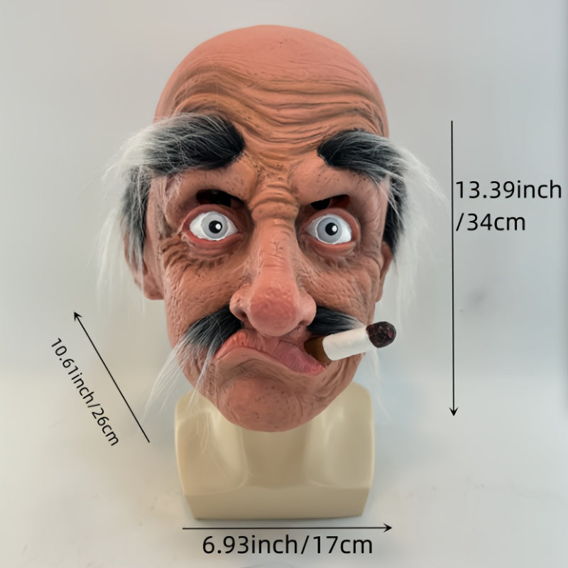 Realistic Smoking Elderly for Man Mask with Long Beard - Halloween Costume, Full Head & Facial Hair, for Cosplay, Theater, Pranks - Funny Grandpa Disguise for Adults - Costume Party Prop, Theatrical Accessory, Funky Style, Detailed Craftsmanship
