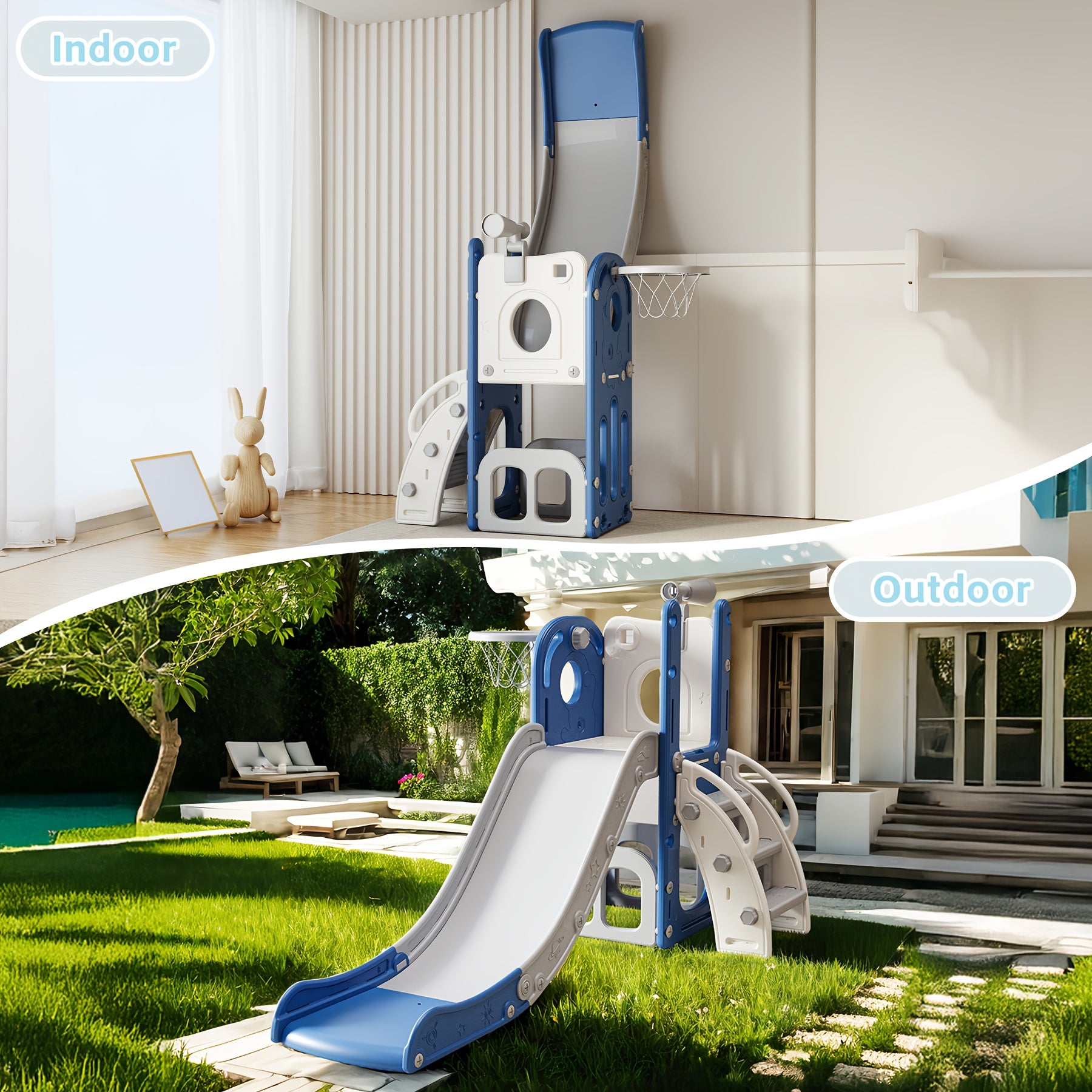Toddler Slide Kids Climber Slides Baby Slider for Toddler, L Shaped Indoor Outdoor Playground Playset with Basketball Hoop, Storage, Telescope Toy Easy Assembly Gift for Boys And Girls