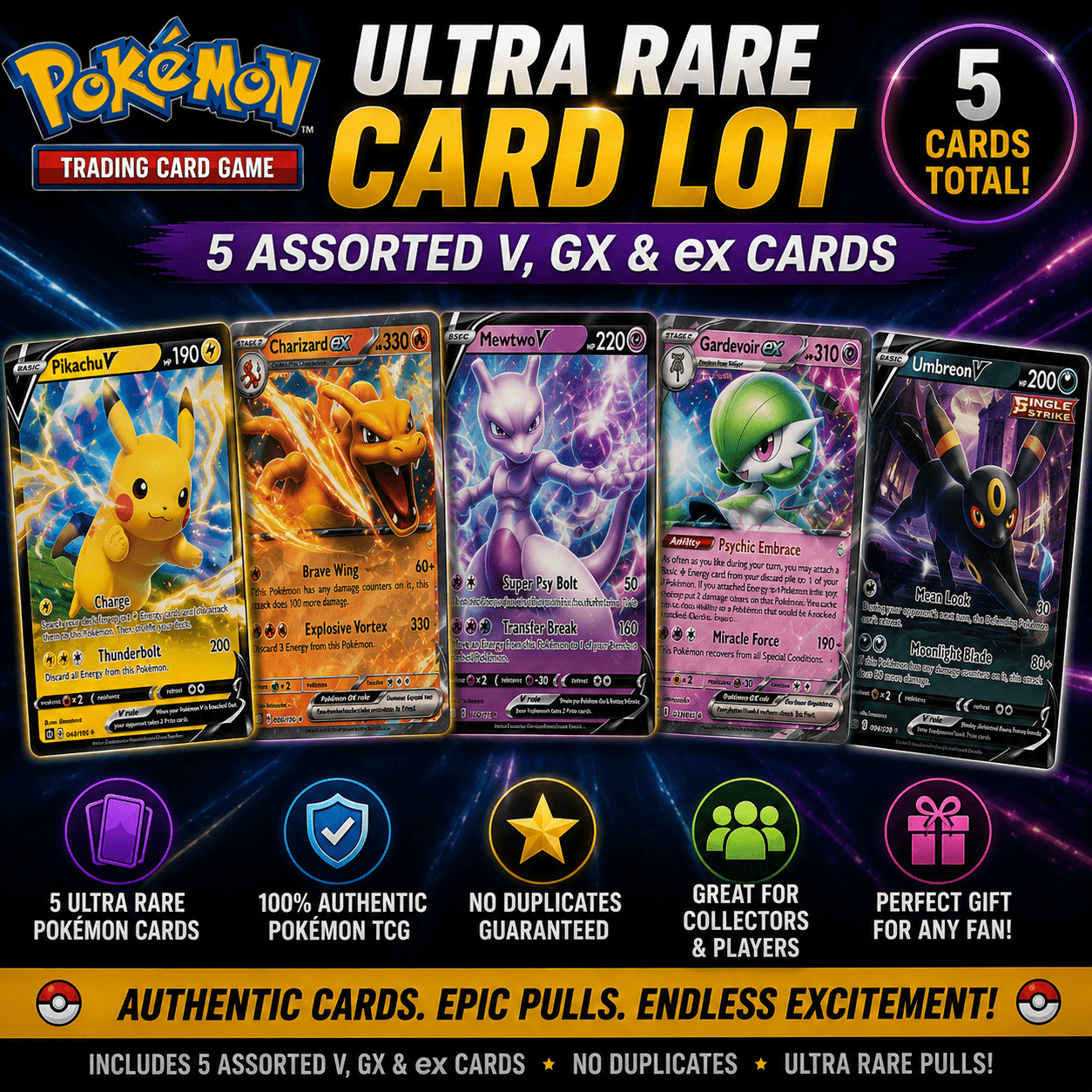Pokémon TCG Ultra Rare Card Lot – 5 Assorted V, GX & ex Cards | No Duplicates | Authentic Pokémon Collection
