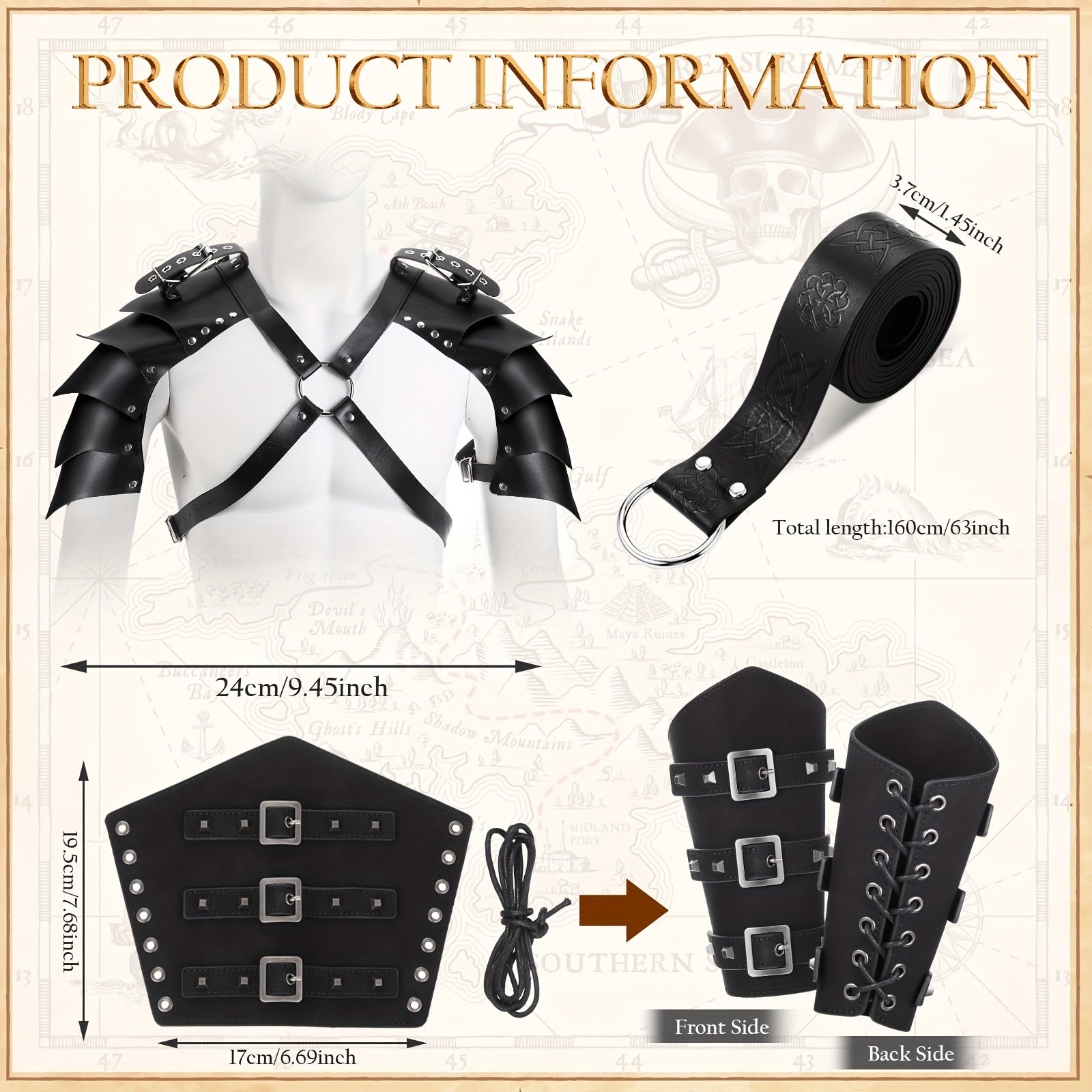 Unisex 4pcs/Set Halloween Adults PU Leather Double Shoulder Cover Cape, Faux Leather Arm Guards Medieval Knight Belt for Cosplays Men&Adult