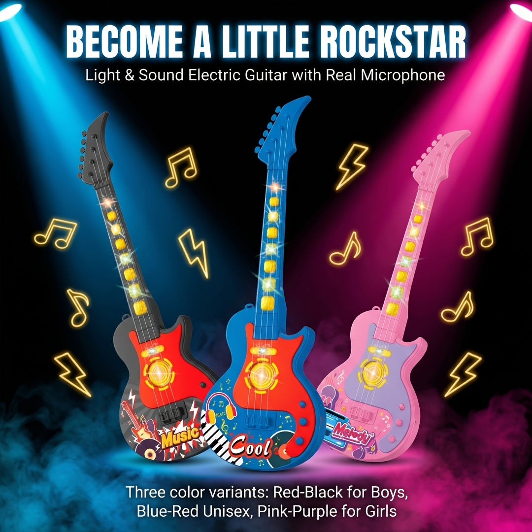 Kids Electric Guitar Toy with Microphone, Musical Instrument Toy with Light And Sound, Guitar for Toddlers 3-8, Birthday Gift for Boys Girls