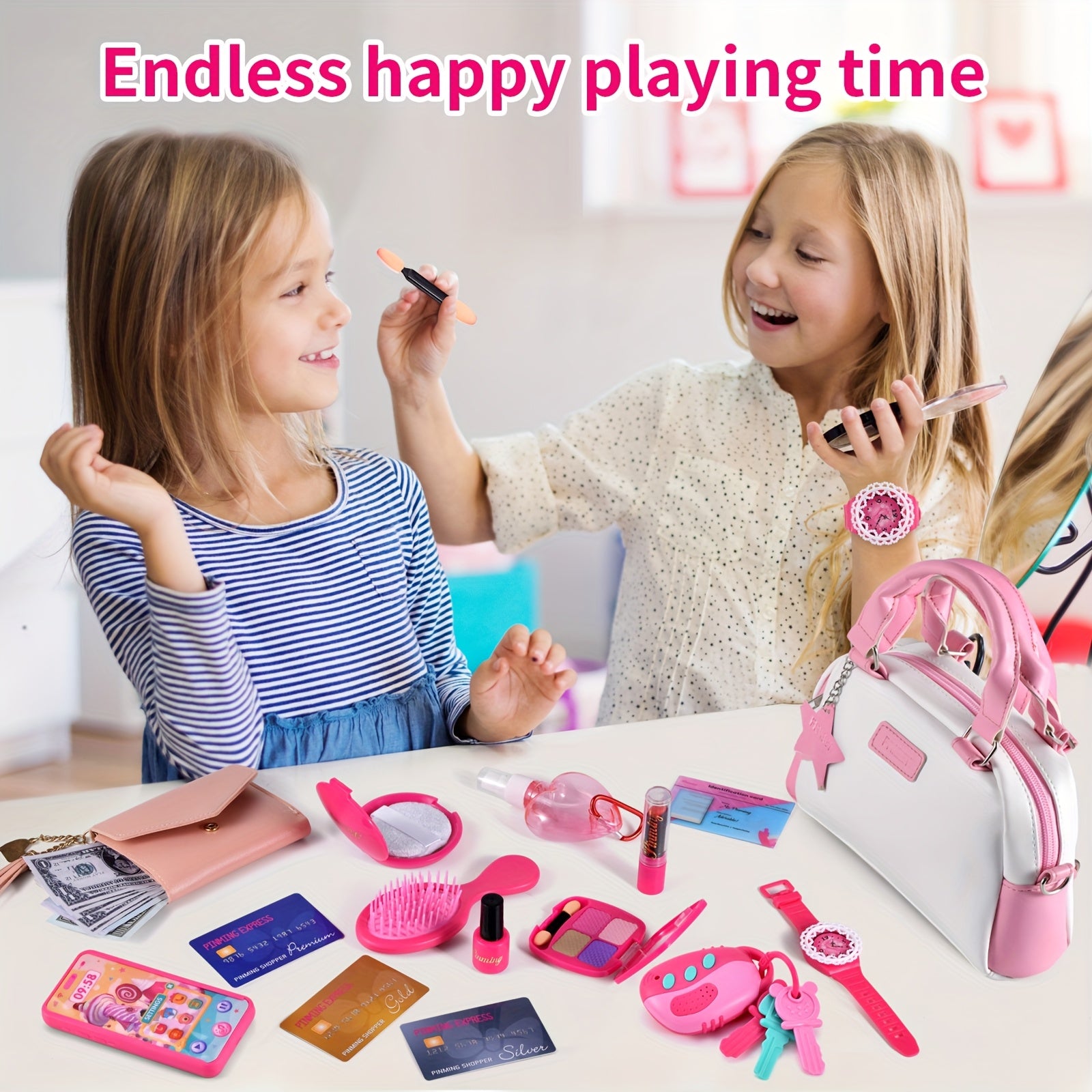 Pink Princess Play Purse, with Handbags, Phone, Pretend Makeup Play Purse, Lipstick & Keys, Crossbody Bag, (No Color Can Be Spread) Christmas Birthday Gifts for 3+Year Old Girls