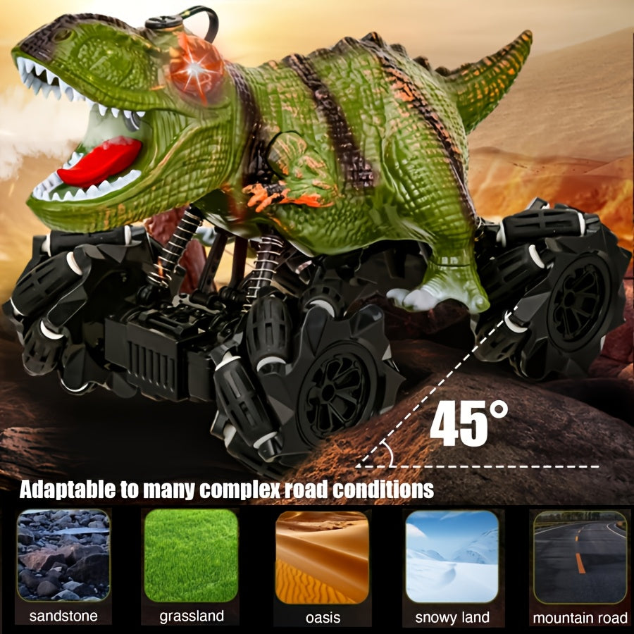 Dinosaur Stunt Remote Control Car with Lights, Sounds, And Spray Function - Monster Stunt Truck Toy Perfect for Indoor And Outdoor All-terrain Fun Durable Construction with Side-to-side Parallel Movement Ideal Birthday, Or Easter