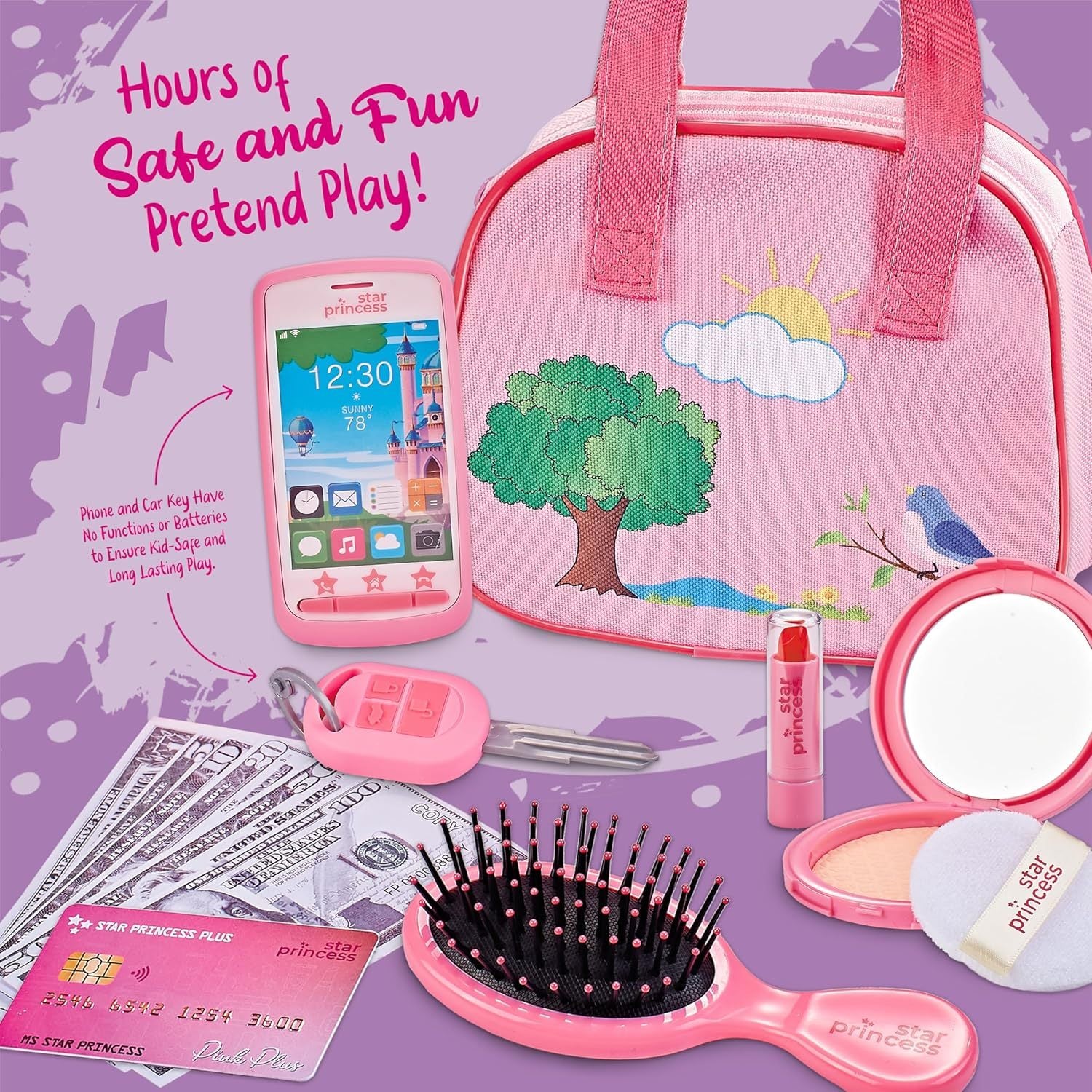 Play Purse for Little Girls with Accessories, Purse Toys for Girls with Pretend Play Makeup, Keys, Fake Smartphone, Dress Up Toy Purse for Kids - Excellent Birthday Gift for Little Girls