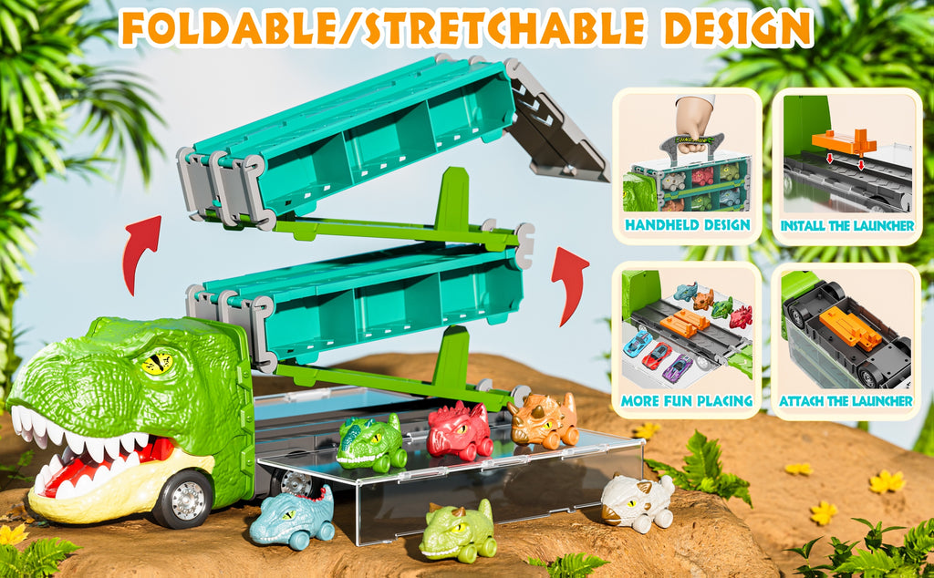 Dinosaur Truck Toys for Birthday Gift Idea, 2 Player Race Mode, Transport Carrier Kids, 63 Inch Foldable Race Track with 6 Dino Cars & 6 Die-cast Cars Durable Safety, Kids Christmas Gifts