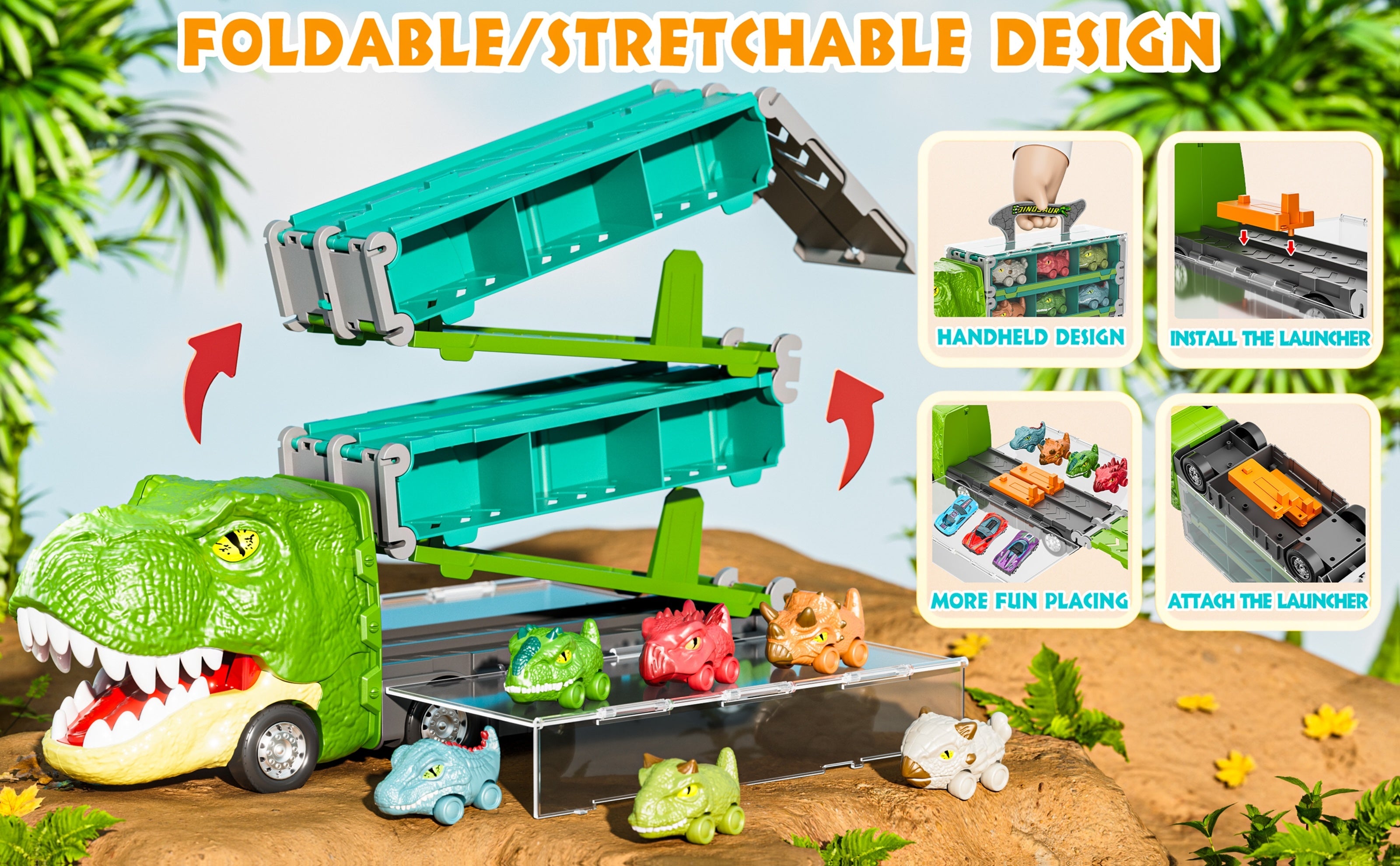 Dinosaur Truck Toys for Birthday Gift Idea, 2 Player Race Mode, Transport Carrier Kids, 63 Inch Foldable Race Track with 6 Dino Cars & 6 Die-cast Cars Durable Safety, Kids Christmas Gifts