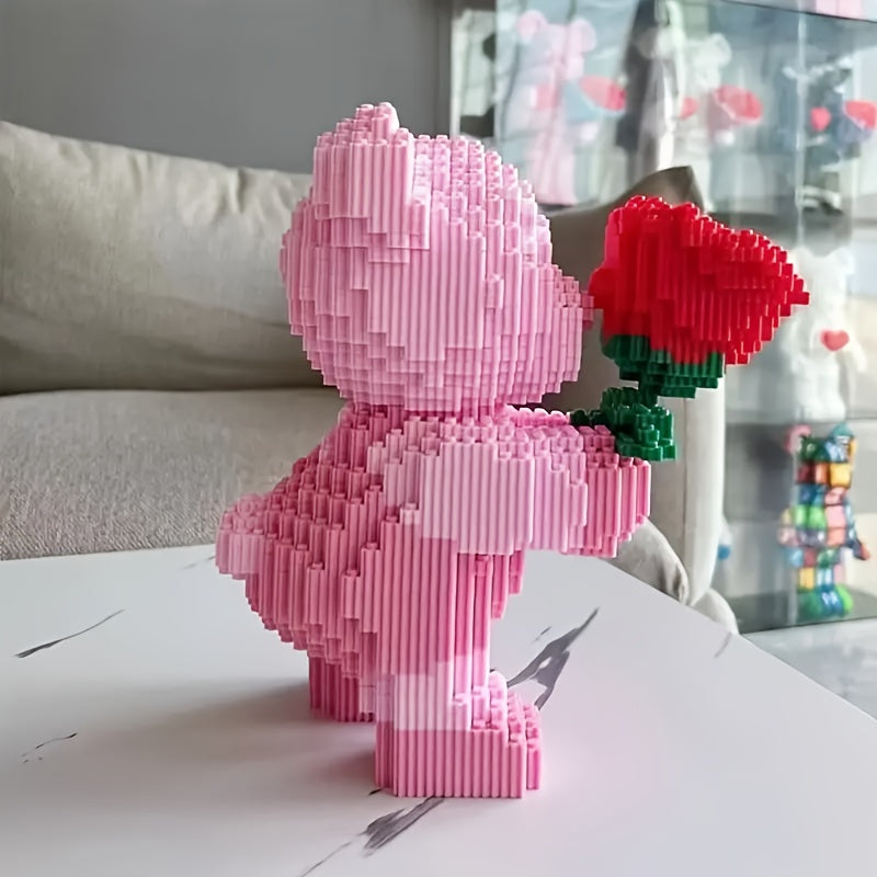 4051pcs of the rose bear, a romantic bear holding a rose, suitable for gifts, a great choice for couples and parents, high assembly difficulty