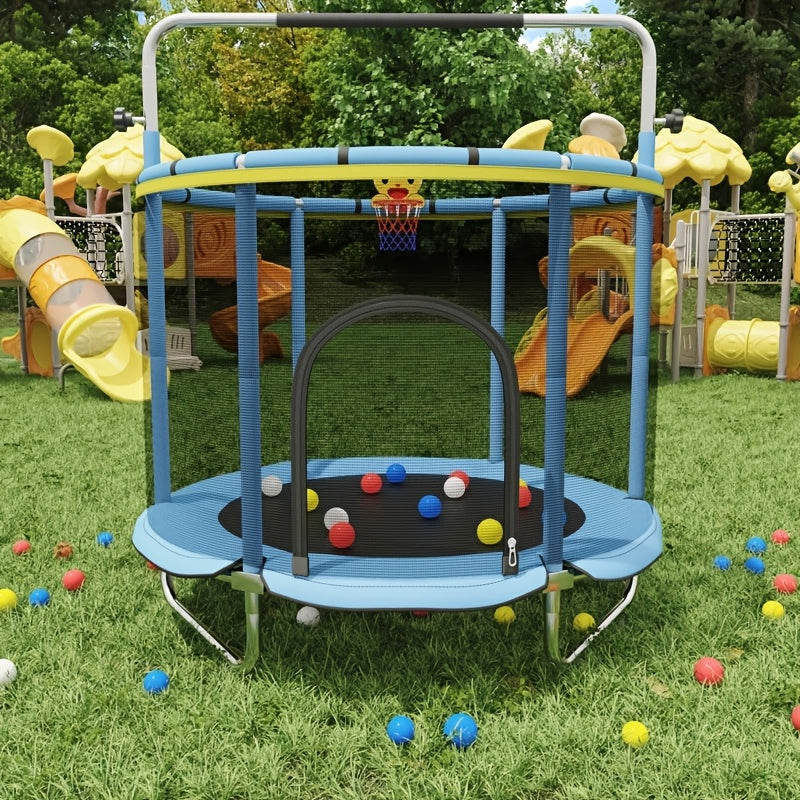 1pc 60" Height Adjustable Trampoline with Enclosure, 440Lbs Capacity Indoor & Outdoor Round Trampoline with Gymnastics Bar & Toys |Height Adjustable Trampoline |Indoor & Outdoor Trampoline