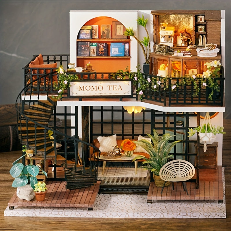 Handmade 3D House Puzzle, Wooden Retro Miniature Building Scene Model House, Exquisite Birthday Gift Festival Gift No Glue/Battery Required