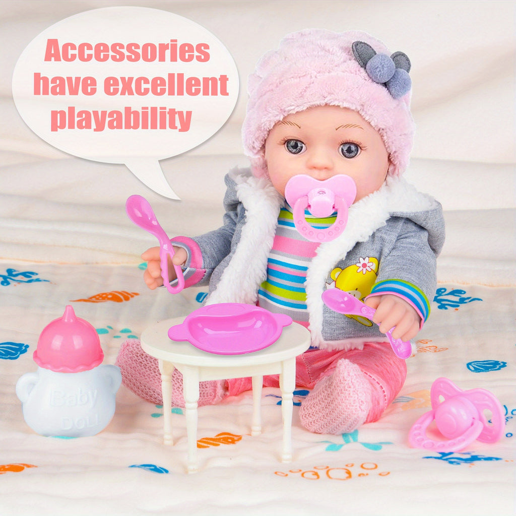 12 Inch Baby Doll with Clothes Accessories Playset: A Doll, Hat, Coat, Romper, Soft Socks, Tableware, Feeding Bottle, Diapers, Nipple for 3+ Years Old Gifts