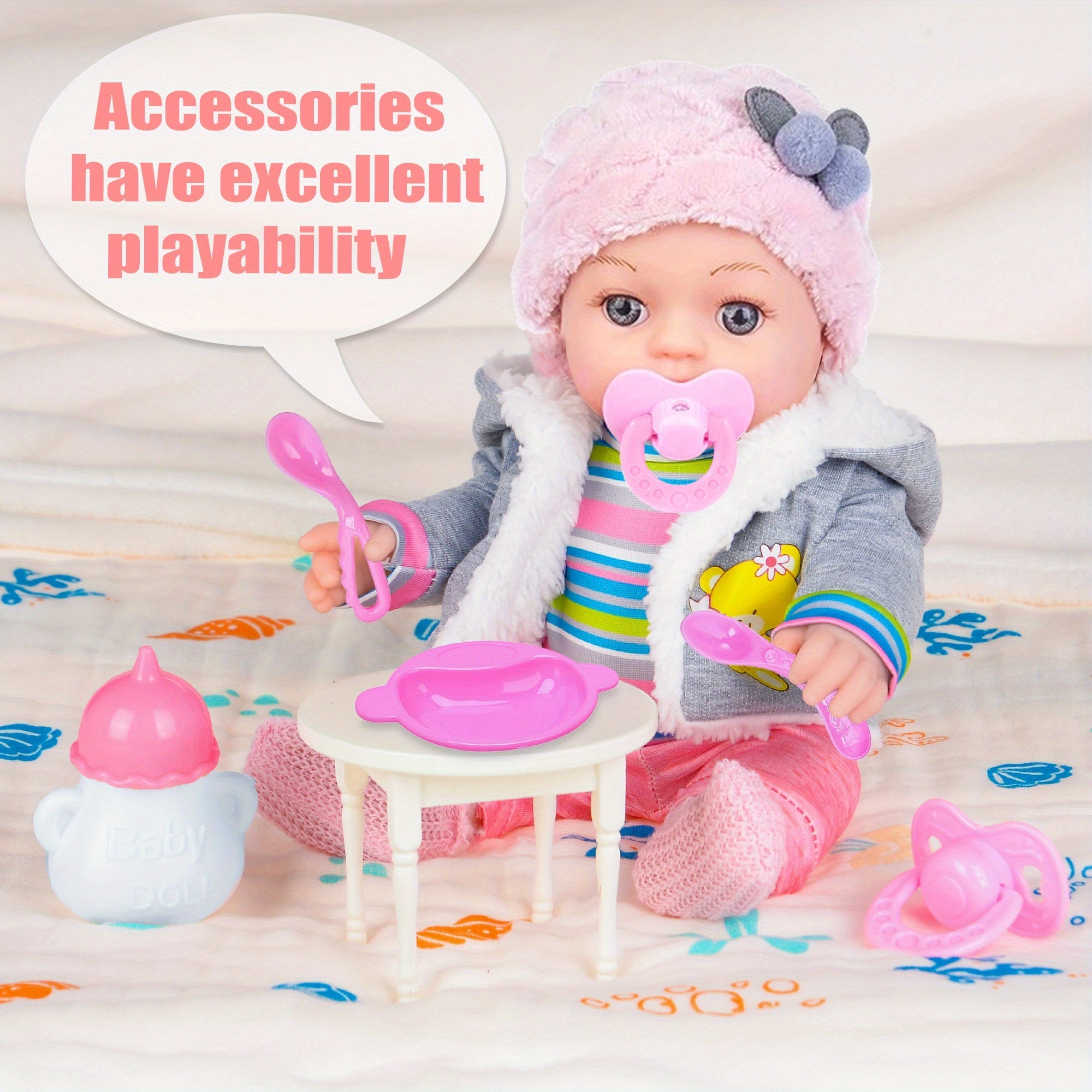 12 Inch Baby Doll with Clothes Accessories Playset: A Doll, Hat, Coat, Romper, Soft Socks, Tableware, Feeding Bottle, Diapers, Nipple for 3+ Years Old Gifts