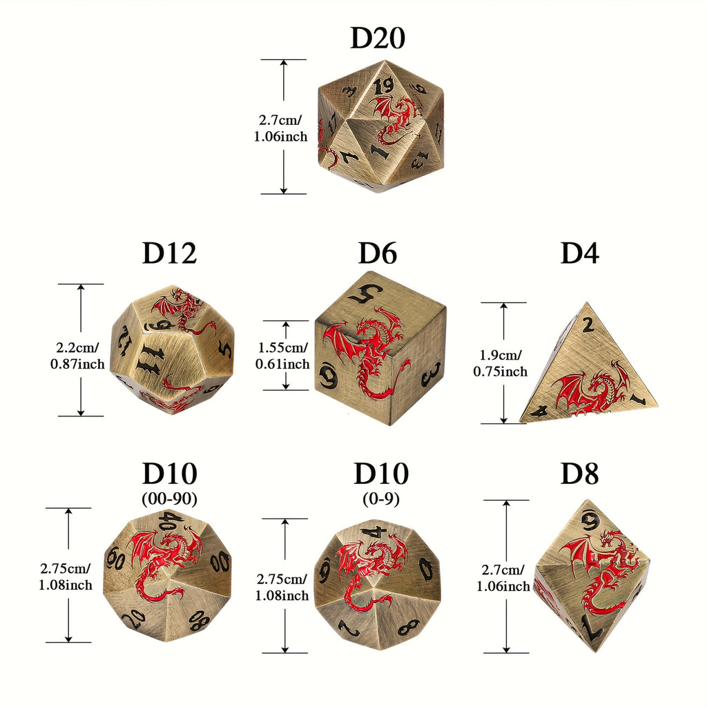 7pcs Of Retro Metal Dice Set, Finely Carved Pattern Fonts And Dragon Patterns, Including A Storage Bag with Dragon Patterns, Essential for TRPG Games, Tabletop Role-playing Game Props, Polyhedral Dice, D20 D12 D10 D8 D6 D4, Handmade Polishing