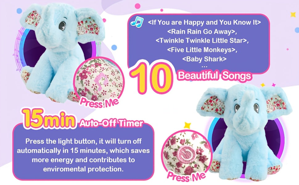 Musical Glowing Blue Elephant Plush Toy, Happy Easter Soft Elephant Plush Toy Floppy LED Stuffed Animals Lullabies Nightlight Companion for Kids, Birthday Gift for Toddlers, Adorable Playing Doll