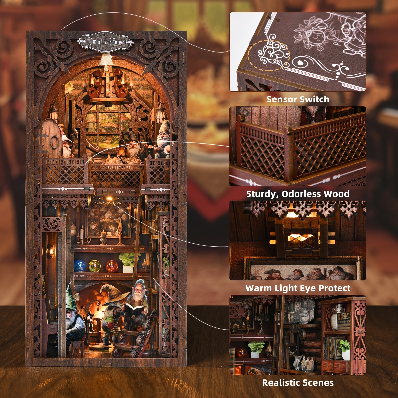 ASLOWSNAIL 3D Wooden Book Nook Toys, Dwarf House Miniature DIY Bookshelf Insert, Intricate Dark Wood Adult Puzzle Decor, Local Warehouse Stock, Special Birthday 4Th of July Gift, And Closeout