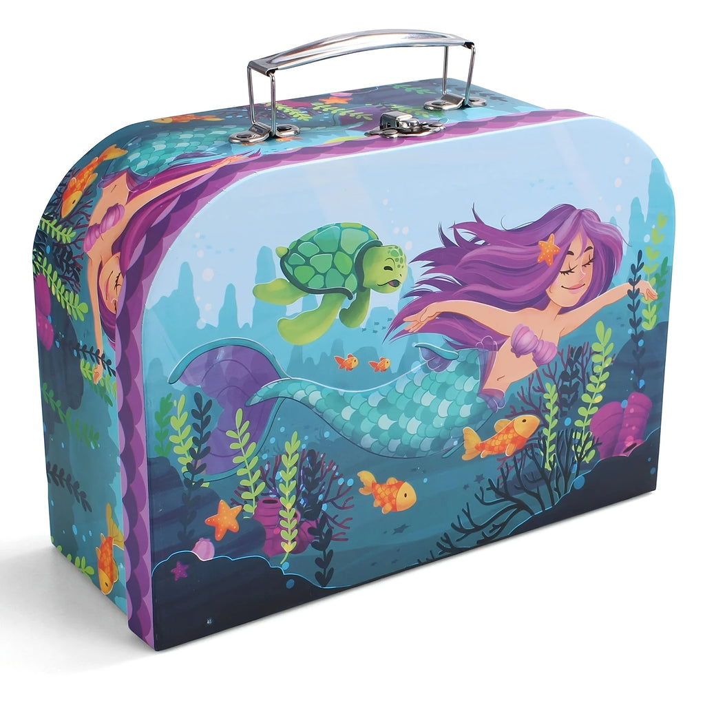 Mermaid Tea Party Set for Little Girls, Pretend Tin Teapot Toy with Cups, Plates Carrying Case, Princess Tea Time Play Kitchen Kit, Perfect Christmas&Birthday Gifts for Kids Age 3+