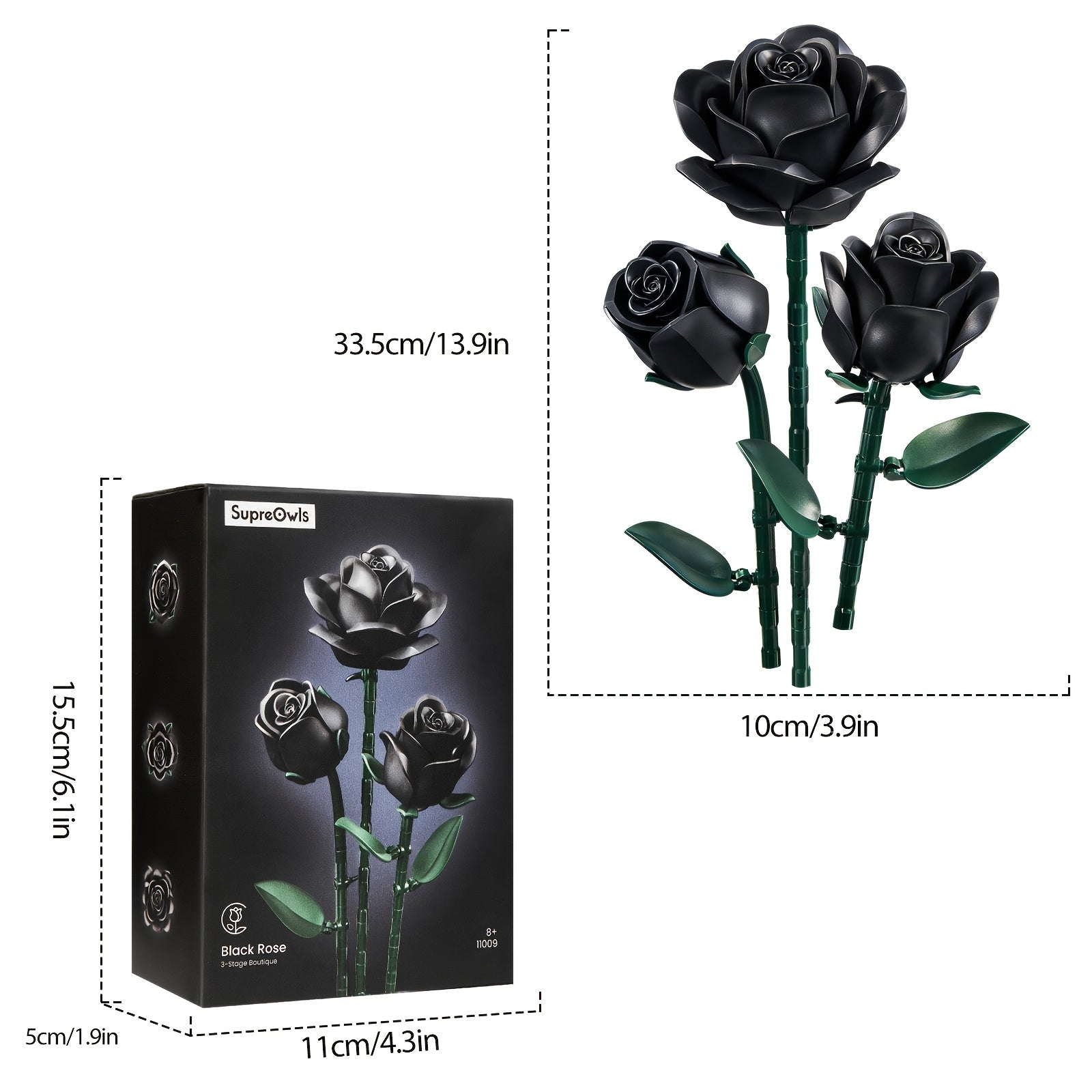 Special Party Gift Gothic Black Rose Flower Artificial Flower Art Piece Background Bouquet Building Set 3 Rose Building Pieces Set 152pcs