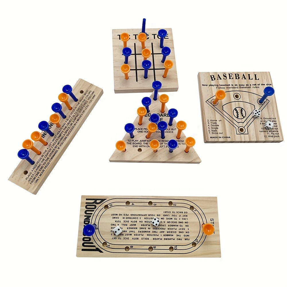 1-set/2-set Wooden Board Game, Luban Lock Including 5 Style Wooden Game Board And Plastic Pieces And Dice Puzzle Brain Games Set, Wooden Peg Games Assortment Kit Board Games Clearance