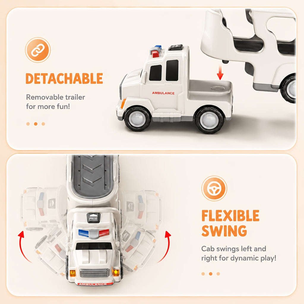 Babyhome Ambulance Truck 5 in 1 with Lighting & Sound, Friction Power Vehicle, Rescue Helicopter, Police Car, Fire Truck, Ambulance, Christmas, Birthday Gift, Interactive Toy Combination Toy Car