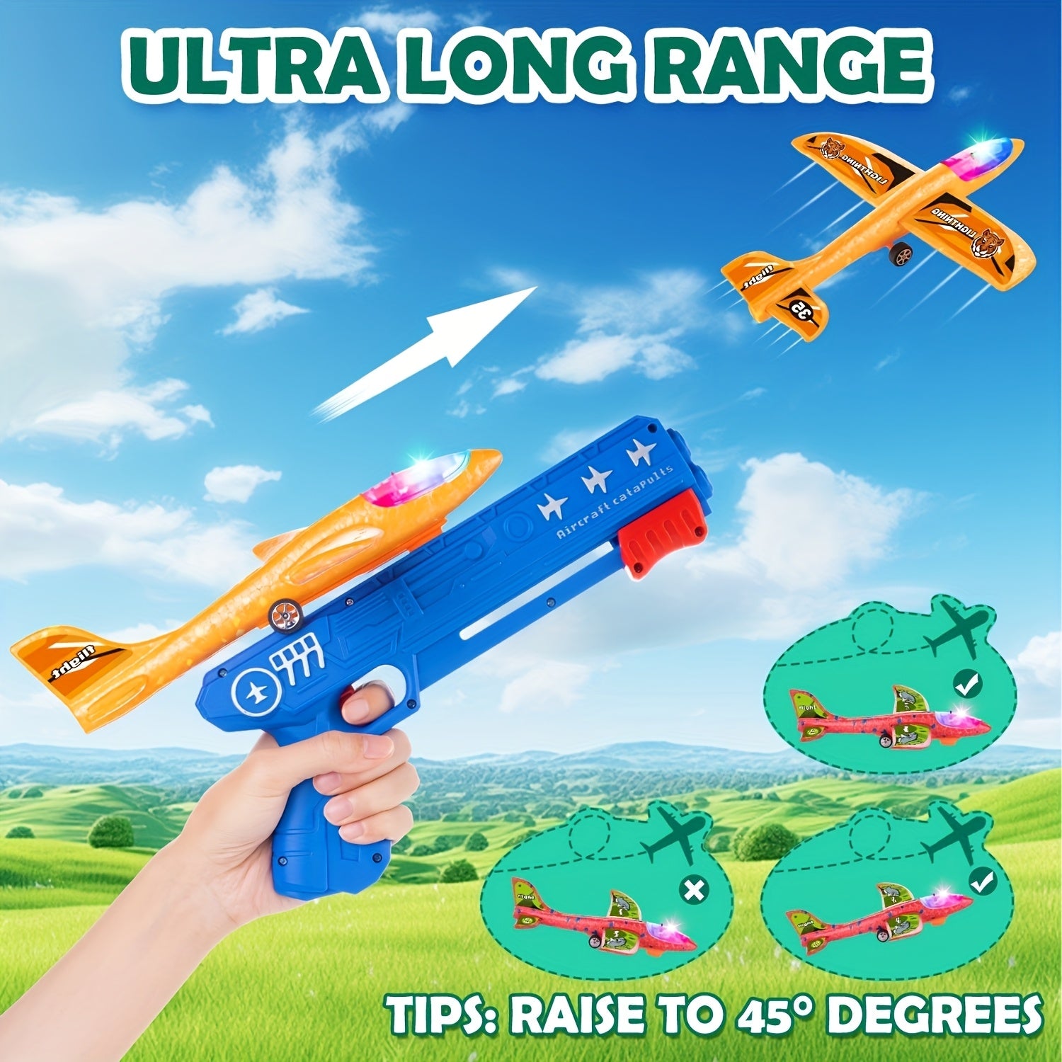 Airplane Launcher Toy with 3 Stickers - Interactive Flying Game, 2 Flight Modes, Durable PP Material, Easy Assembly - Ideal for Outdoor Play, Halloween, Christmas, Birthday Gifts for Ages 3-12