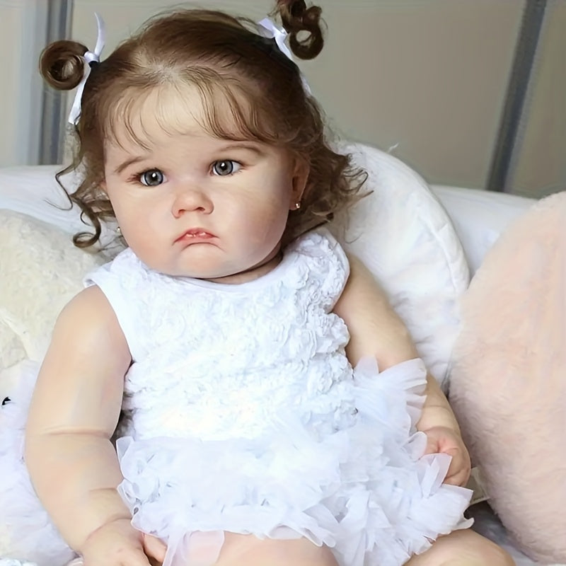 24-inch -Scale Realistic Reborn Girl Doll with 3D-Painted Skin & Soft Vinyl Limbs - Lifelook Suitable for Collectors, Doll Complete with Soothing Item, Bottle & Ear Studs, White Dress for Role-Play or Display