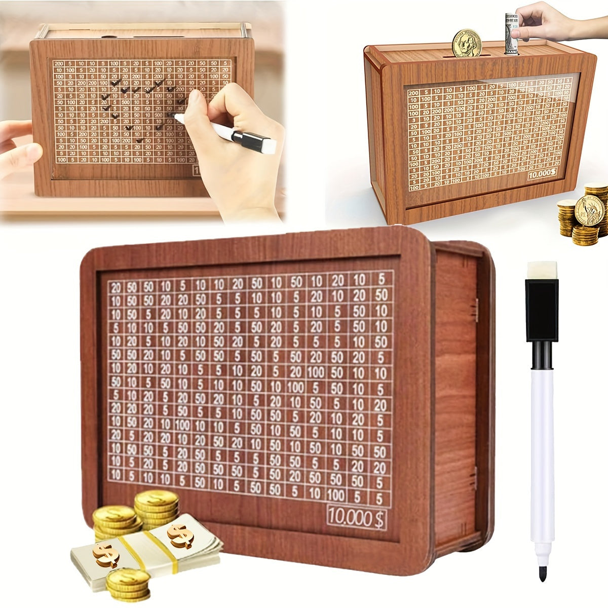 2 Sets - Wooden Savings Bank with Digital Counter, 7.87 X 5.7 Inches - Adult Savings Goal - Holds $10, 000 Coins - Ideal Gift for Friends - High Quality Wooden Savings Bank
