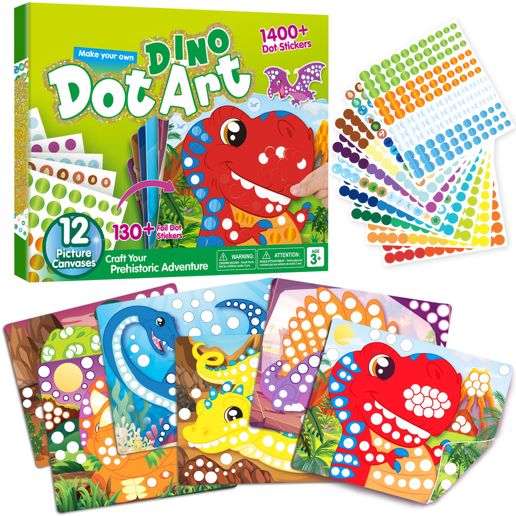 Dino Dot Art Kit Toy For Kids, 12 Picture Canvases, No Mess Sticker For Children Ages 3+, Craft Kits, Creative Activity, Travel Toy, Cool Birthday Gifts For Boys And Girls (Dinosaur)