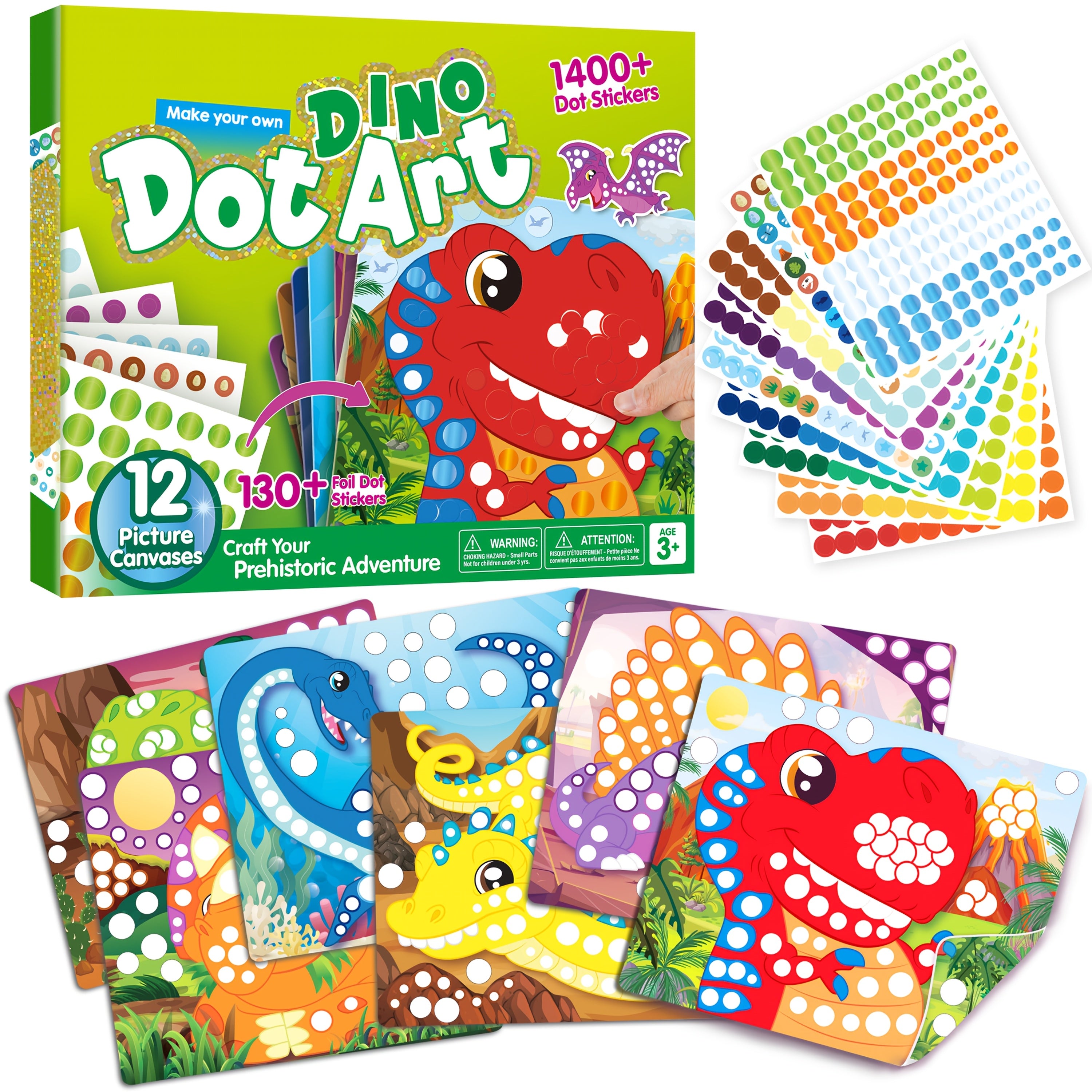 Dino Dot Art Kit Toy For Kids, 12 Picture Canvases, No Mess Sticker For Children Ages 3+, Craft Kits, Creative Activity, Travel Toy, Cool Birthday Gifts For Boys And Girls (Dinosaur)