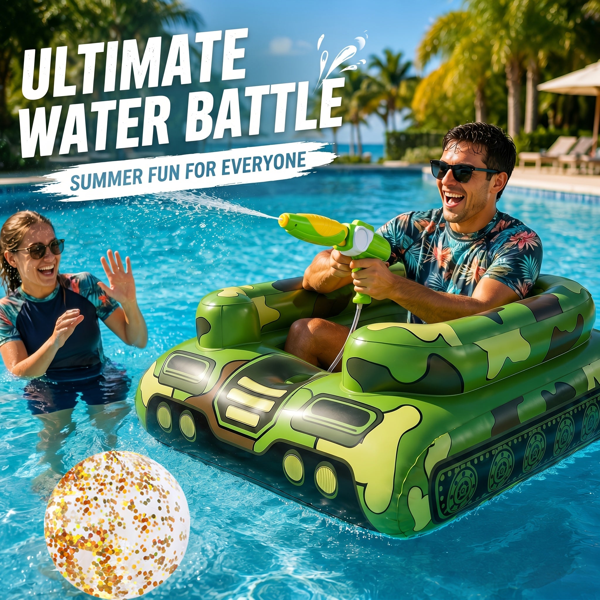60-Inch X-Large Inflatable Pool Float For Adults, Heavy Duty Ride-On Pool Float, Built-in Sprayer System With 16-Inch Beach Ball, Durable PVC Blow-Up Raft For Lake, Beach, Summer Party Accessory, Outdoor Water Lounge