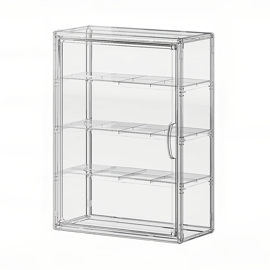 4 Tiers Wall-Mounted Acrylic Display Case | Clear Figure Display with 3 Adjustable Dividers, Magnetic Door, Dust-Proof, Large Collectibles Storage Shelf