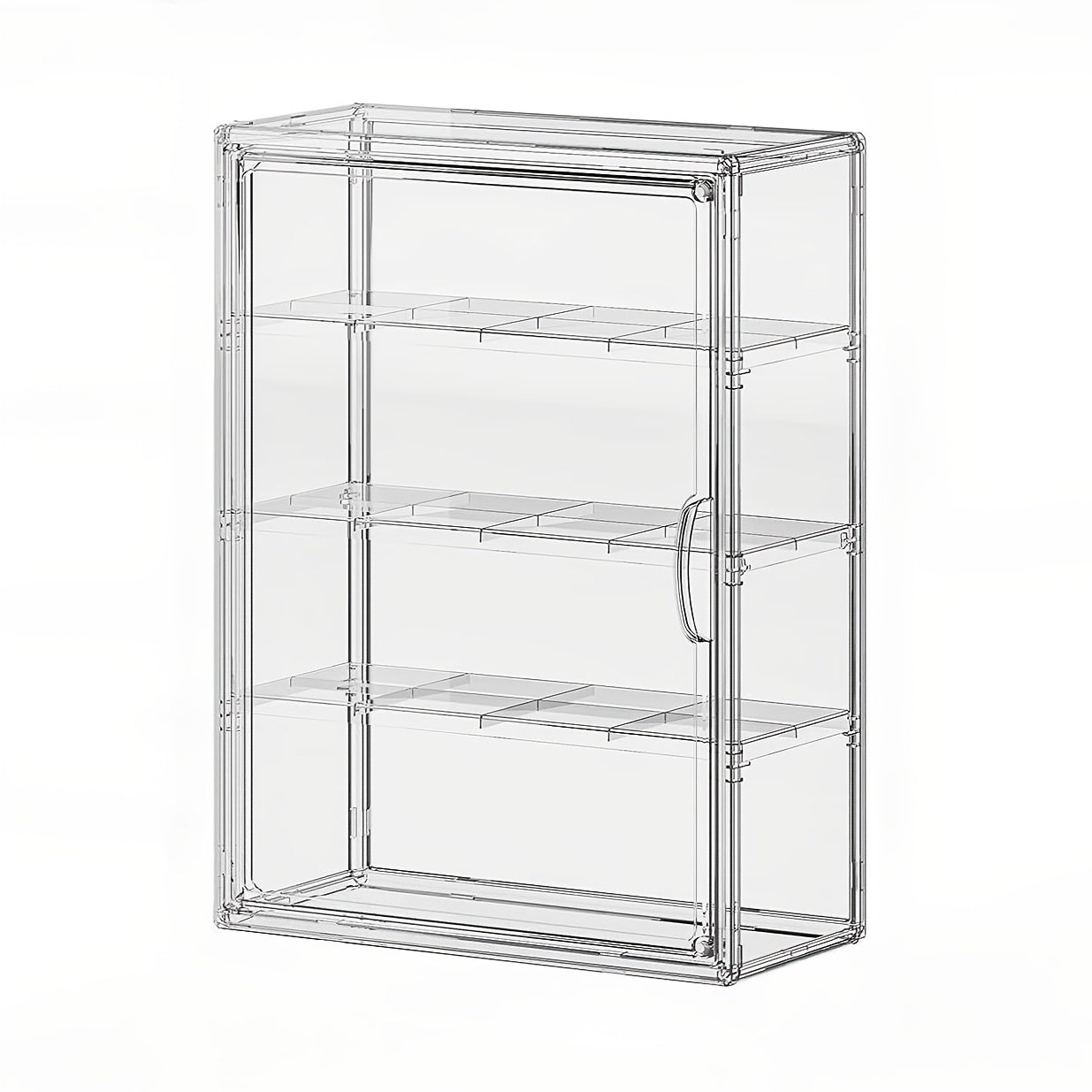 4 Tiers Wall-Mounted Acrylic Display Case | Clear Figure Display with 3 Adjustable Dividers, Magnetic Door, Dust-Proof, Large Collectibles Storage Shelf