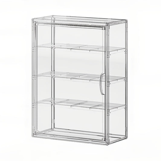 4 Tiers Wall-Mounted Acrylic Display Case | Clear Figure Display with 3 Adjustable Dividers, Magnetic Door, Dust-Proof, Large Collectibles Storage Shelf