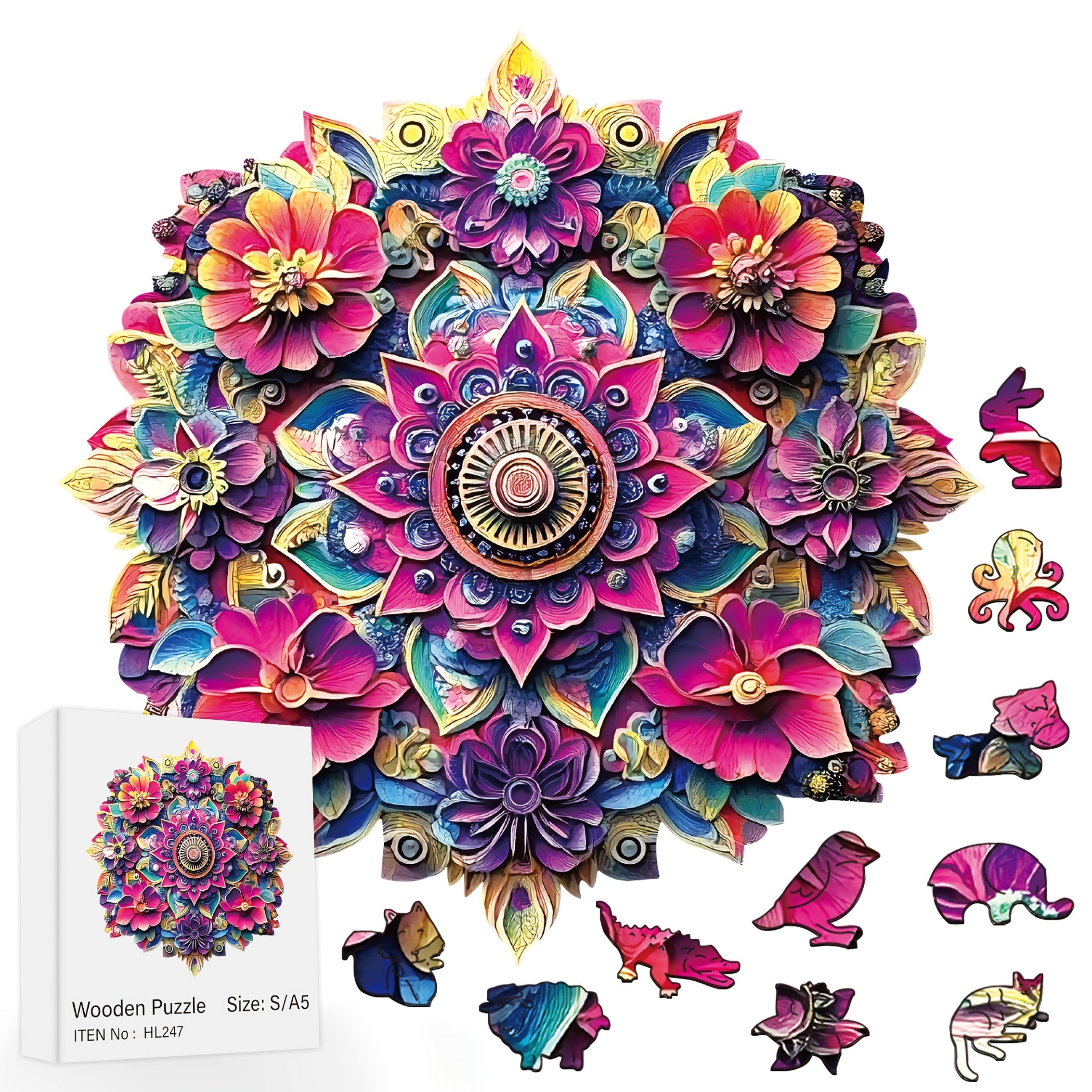 Mandala Wooden Puzzle, Exquisite Boxed Wooden Puzzle, Unique Irregular Shaped Animal Puzzle, Perfect Birthday And Christmas Gift, Active Brain Exercises Focus, Decorative Art Painting