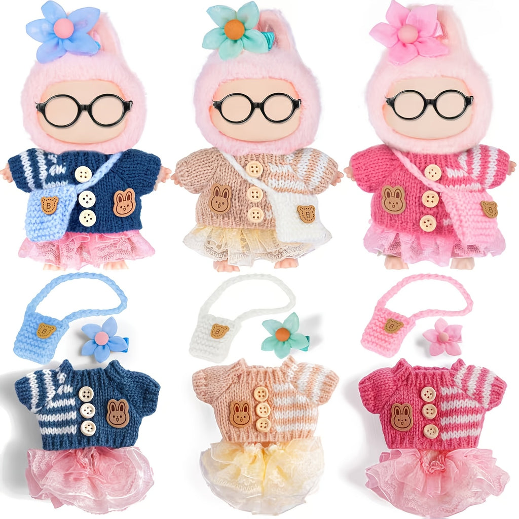 [3 Sets Labubu Doll Clothes] 3 Sets Fashion Doll Clothes for Labubu - Knit Tops + Tulle Skirts + Floral Hair Clips & Bags | Festive Gift Birthday Present for Ages 3+ (No Doll No Glasses)