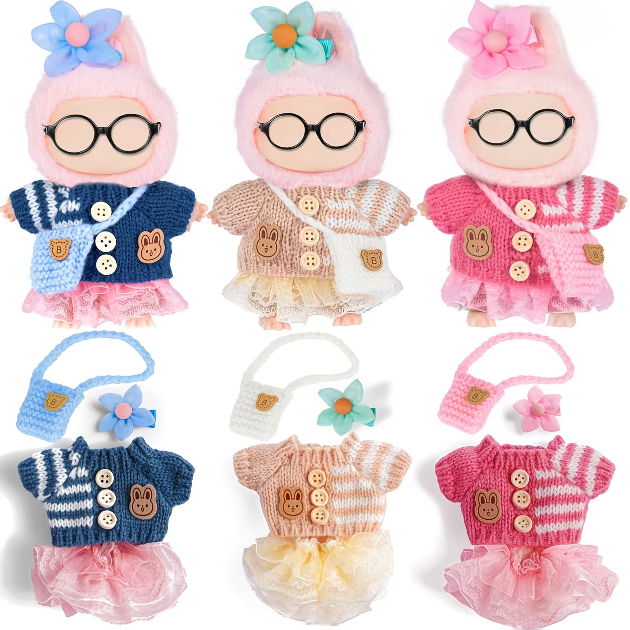 [3 Sets Labubu Doll Clothes] 3 Sets Fashion Doll Clothes for Labubu - Knit Tops + Tulle Skirts + Floral Hair Clips & Bags | Festive Gift Birthday Present for Ages 3+ (No Doll No Glasses)