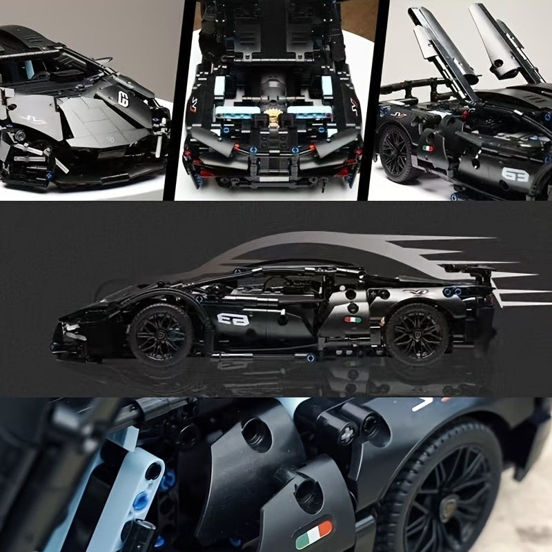 1288pcs Limited Edition Black Super Sports Car Building Block Set- Challenging Assembly Design, Equipped with Openable Hood and Trunk, Functional Headlights, and Realistic Engine- Suitable for Adults and Teenagers, Large Model Kit