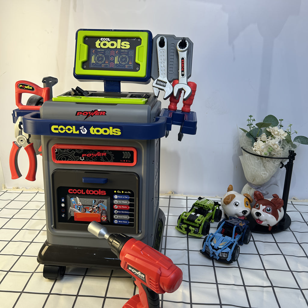 THCBME Kids All-in-One Tool Kit with 41+ Accessories, Folding Workbench & Electric Drill Toy - STEM Engineering Playset with Storage, Interactive Construction Playbench with Tool Storage, Realistic Role-Play Set for Boys & Girls Ages 3-5, - Drill with Gua
