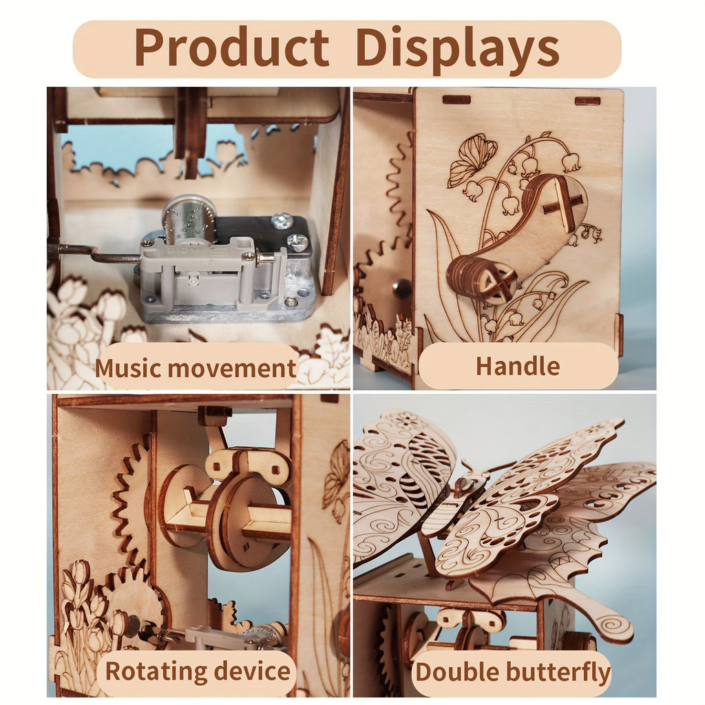 3D Wooden Puzzle Hand Butterfly Music Box You Are My Sunshine Handmade Assembly Model Kit Holidays Birthdays Christmas Gifts Halloween Party Favors