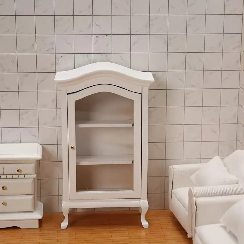 Scale White Artificial Wooden Mini Display Cabinet Model, with Mirror And 3 Glass Front Shelves - Suitable for Dollhouse Decoration, Photography Props, Weddings, And Living Room Scenes, Making It an Excellent Gift