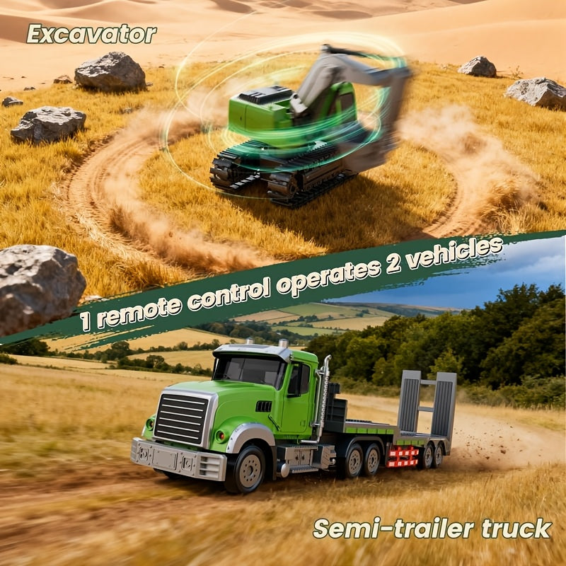 [Easter Gift] 11CH Construction Vehicle Set 1:12 Scale RC Semi Truck with Flatbed Trailer & Alloy Excavator, Sound & Lights Engineering Toy, Great Easter Gift Idea for Boys Children's