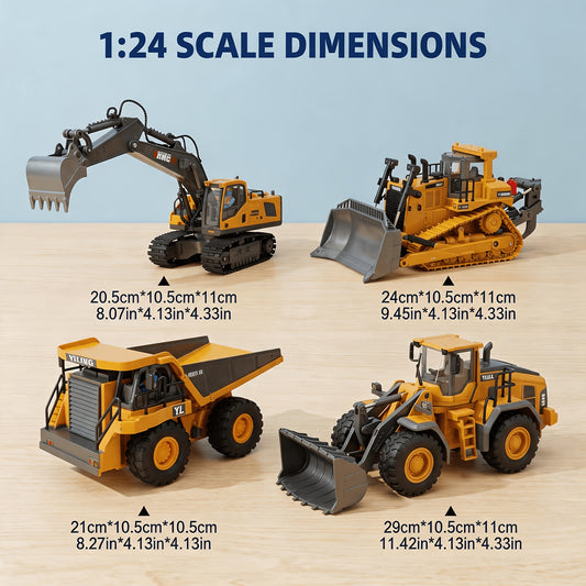 [Remote Control Toy Car] 4pcs/ 3pcs/ 2pcs Remote Control Engineering Vehicle Set, 2.4G 1:24 & 1:64 High-Tech 11-Channel RC Excavator, Dump Truck & Bulldozer Alloy Plastic Construction Toy Car Kit